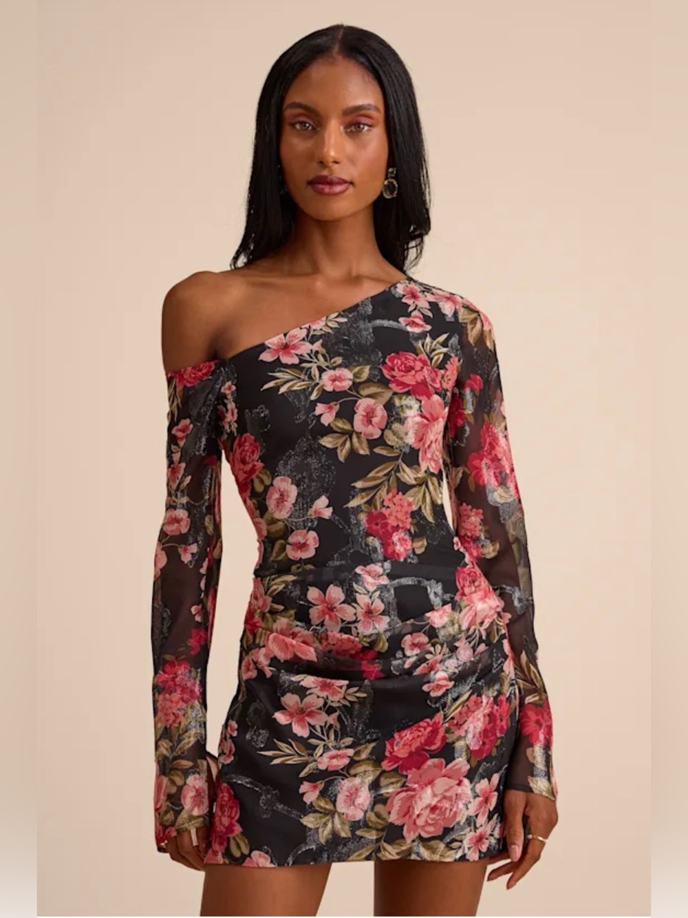 NWT Lulus One-Shoulder Black Floral Ruched Sheer Long Sleeve Mini Dress size LG